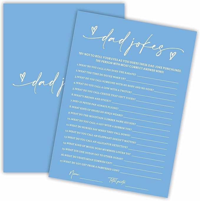 Dad Jokes Baby Shower Game Cards - Minimalism Blue - 30 Double-Sided Fill In Style Game Cards For Gender Reveal, Baby Announcement, Party Games & Activity - C05