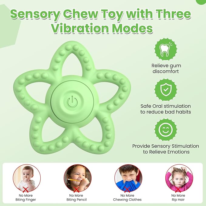 Vibrating Sensory Chew Toy - Dual Use Teethers for Babies 3-6 Months/6-18 Months & Autism Chew Toys, Baby Teething Toys with 3 Vibration Modes, Sensory Toys for Kids with Autism(Green)
