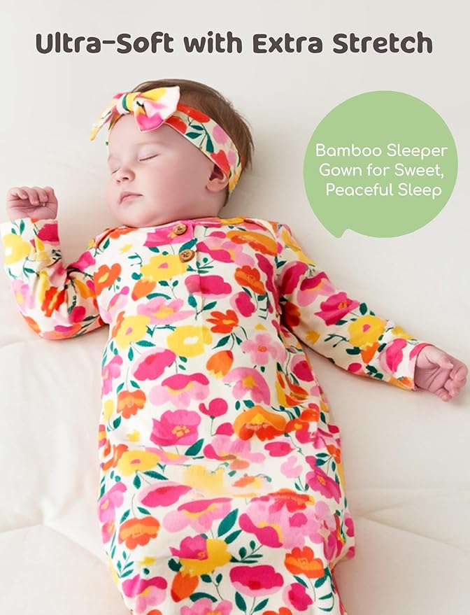 PATPAT Baby Sleeper Gown with Bamboo Viscose for Newborn Girls Boys, Knotted Nightgown with Mittens for Infant Home Coming