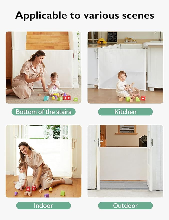 Momcozy Auto Lock Retractable Baby Gate, Safety Gate for Baby and Pet, 33โ Tall, Extends to 55โ Wide, Mesh Safety Dog Gate for Stairs, Indoor, Outdoor, Doorways, Hallways