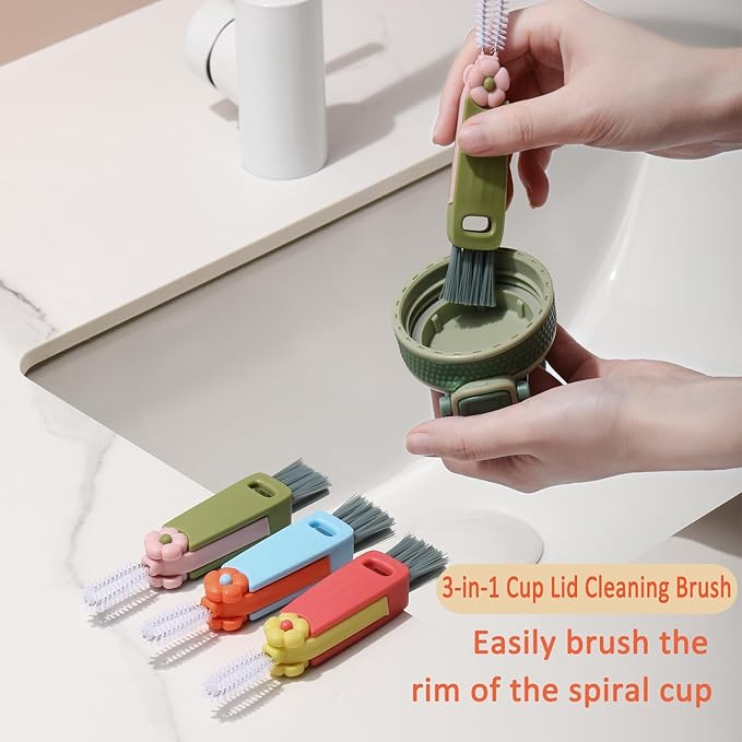 3 in 1 Cup Lid Cleaning Brush, Cup Lid Cleaning Brush Brush, Multifunctional Bottle Cleaning Tools,Home Kitchen Crevice Brush Toolsfor Bottle Gap Tight Spaces (Green)