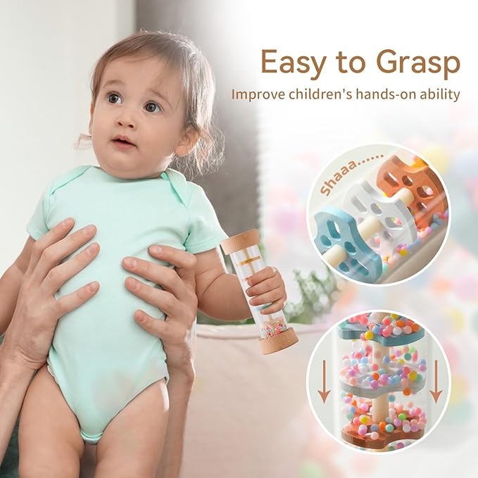 Youuys Wooden Baby Rattle Set (3pcs) - Crochet Rattle Rain Stick Teething Toys, Wooden Montessori Toy for Newborn Infant Baby Rattles Set Toys 3-6-12 Months (Gray Elephant)