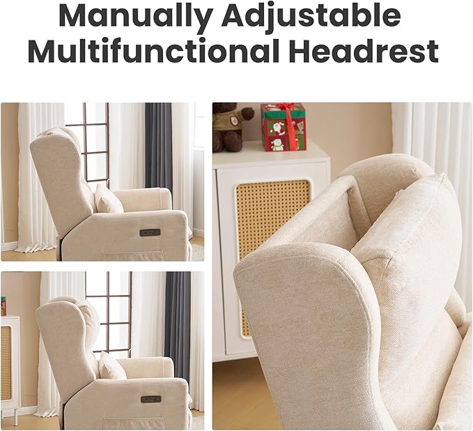 Oversized Swivel Rocker Recliner with Adjustable Headrest, 26" Extra Wide Glider Recliner Nursery Chair with Double Cushion, Chenille Glider Rocking Chair for Living Room,Cup Holder,Beige