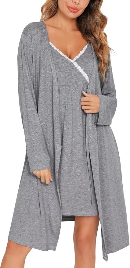 SWOMOG Womens Maternity Robe 2 Piece Nursing Nightgown for Breastfeeding 3 in 1 Labor Delivery Nursing Dress Lace Bathrobe