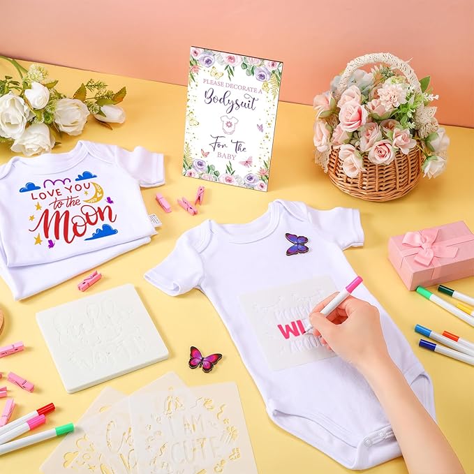 Panitay 126 Pcs Baby Shower DIY Bodysuit Set Rustic Kraft Baby Shower Game Sign DIY Bib 25 Blank White Newborn Bodysuit 25 Stencils 24 Marker 1 Sign 50 Pins for Gender Reveal(Butterfly)