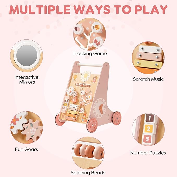 ROBUD Wooden Baby Walker, Baby Push Walker with Activity Center and Storage, Montessori Walker Toy for Boys and Girls Learning to Stand and Walk, Pink
