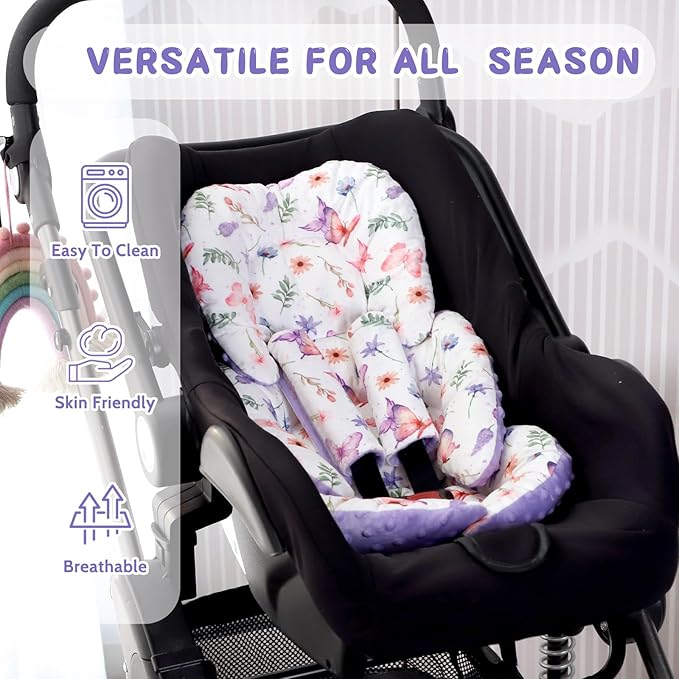 Pea Pod Infant Car Seat Insert with Strap Covers, All in One Reversible Baby Car Seat Head Support for Newborn, 3D Soft Minky Carseat Cushion for Preemie to Infant, Stroller, Swing, Bouncer, Butterfly