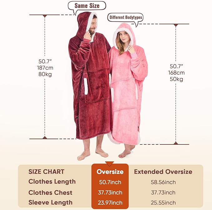 yescool Wearable Blanket Hoodie - birthday gifts for Adults/Women/mom, Flannel Cozy Sherpa Fleece Blanket Sweatshirt with Hood, Pocket & Sleeves, Large, One Size Fits All (Red)
