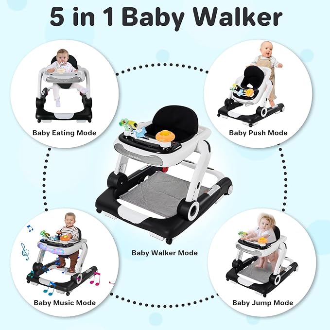 Baby Walker,4-Gear Height Adjustable Baby Walker with Wheels,5 in 1 Baby Activity Center,Music and Lights Bouncer Walker for Baby Boy 6-18 Months,Adjustable Speed Baby Push Walker