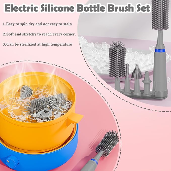 Electric Bottle Brush with Stand and Extendable Handle, Silicone Bottle Brush Set, Easy-Grip Silicone Handle, Waterproof/Rechargeable, Grey
