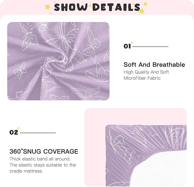 Purple Butterfly Crib Sheets for Neutral Bassinet Play Sheets,Sheets Toddler Bed Sheets for Baby Boys Girs 39 * 27 * 5in