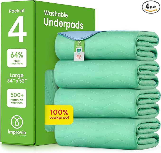 IMPROVIA® Washable Underpads, 34" x 52" (Pack of 4) - Heavy Absorbency Reusable Incontinence Pads for Kids, Adults, Elderly, and Pets - Waterproof Protective Pad for Bed, Couch, Sofa, Furniture, Floor