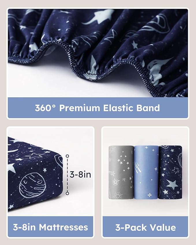 Baby Crib Sheets for Boys Girls, Fitted Crib Sheet Neutral 3 Pack for Standard Crib and Toddler Mattress, Breathable Soft Microfiber Baby Sheet 28x52x8in Blue Gray Planet