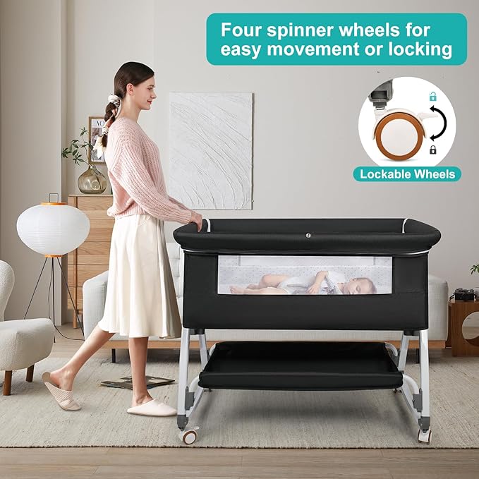 VOOI Baby Bassinet Bedside Sleeper, 3 in 1 Rocking Bassinet for Baby, Bassinet Bedside Sleeper with Wheels, Adjustable Height, Storage Basket, Mattress & Canopy, Bed Side Bassinet for Newborn