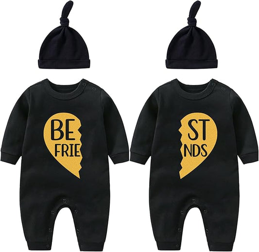 YSCULBUTOL Baby Twins Bodysuit Born Together Friends Forever Newborn Clothes Unisex Twin Outfits With Hat