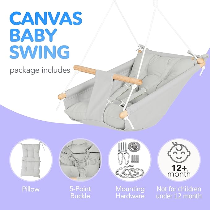 CaTeam Canvas Toddler Swing – Indoor/Outdoor Hanging Chair for Patio & Playroom with Safety Belt – Wooden Baby Seat for Ages 12+ Months – Gray