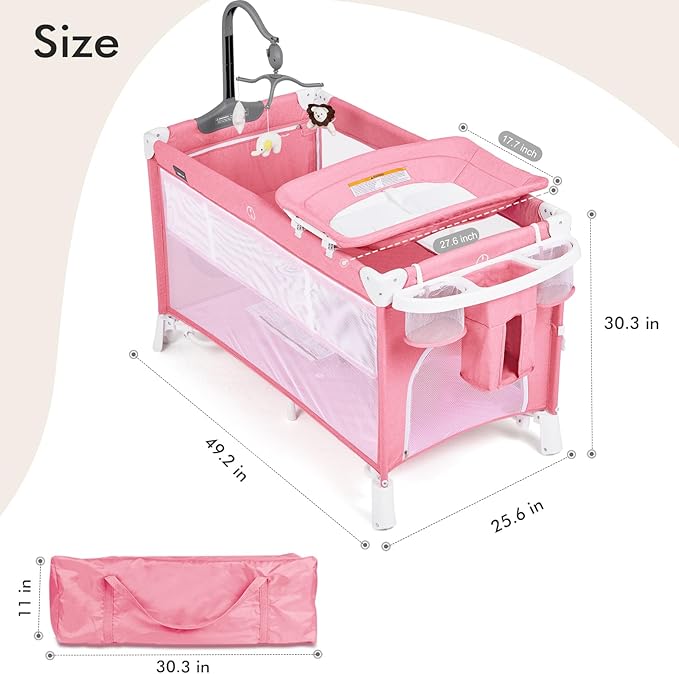 ANGELBLISS 5 in 1 Baby Bassinet Bedside Crib, Beside Sleeper with Diaper Changer& Removable Rocker, Pack and Play Bassinet, Easy Folding Portable Playpen Bassinet with Mobile, Sheet& Mattress