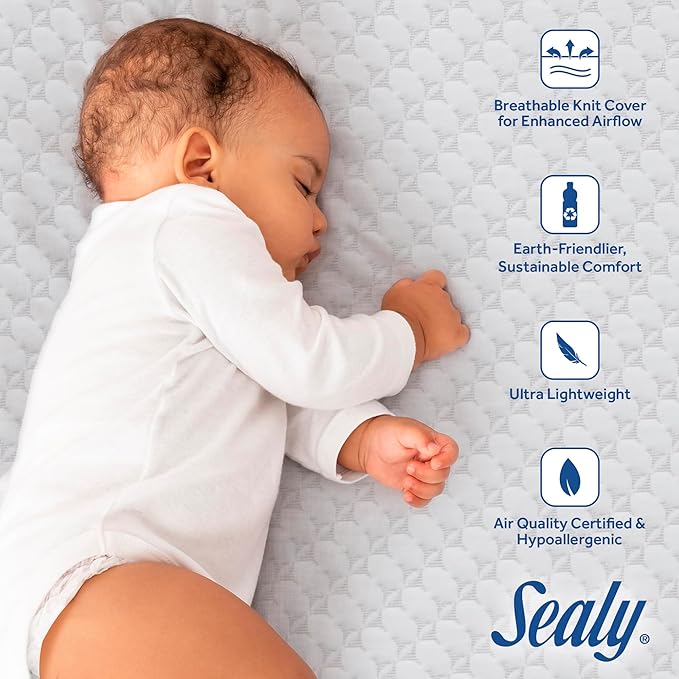 SEALY BABY OmniPedic Refresh Breathable Crib Mattress, GREENGUARD Gold Certified, Made in USA, Removable Knit Cover, 2 Stage, Toddler Bed Fit, Safety & Quality Tested, 52x28