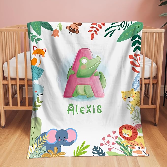 Personalized Baby Blanket with Name, Custom Name Blanket for Kids Soft Flanne Blankets in Easter Personalized Baby Gifts for Infant Newborn Shower (Alphabet)