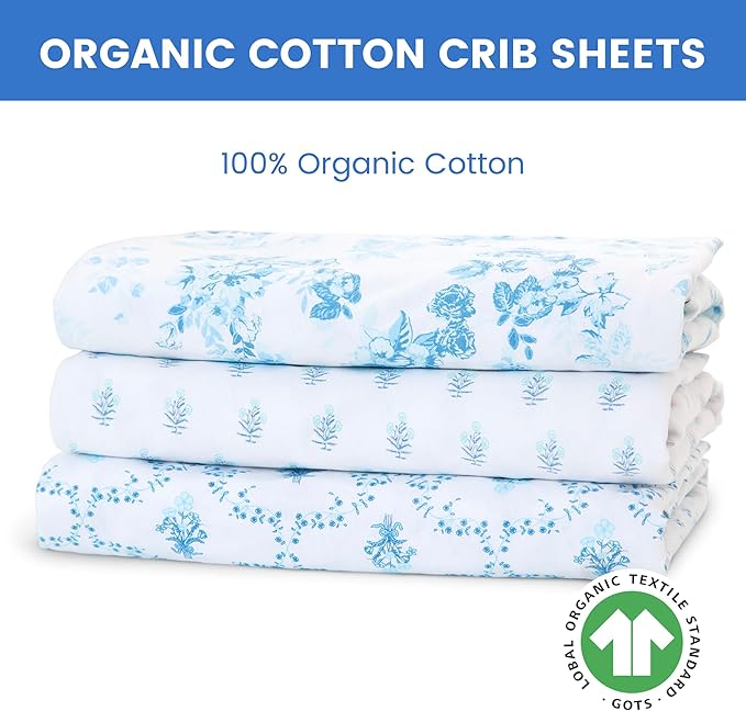Delta Children Fitted Crib Sheets for Girls and Boys - 100% Organic Cotton Crib Sheet for Standard Crib and Toddler Mattresses - 28x52 Inch - GOTS Certified (Pack of 3), Blue Botanicals