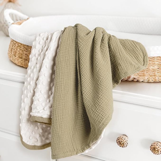 lulumoon Baby Blanket for Newborn Receiving: Minky Dot & Muslin Lightweight - Thermal Blanket Gift for Baby Shower & Hospital Welcoming 30"x40"(Olive)