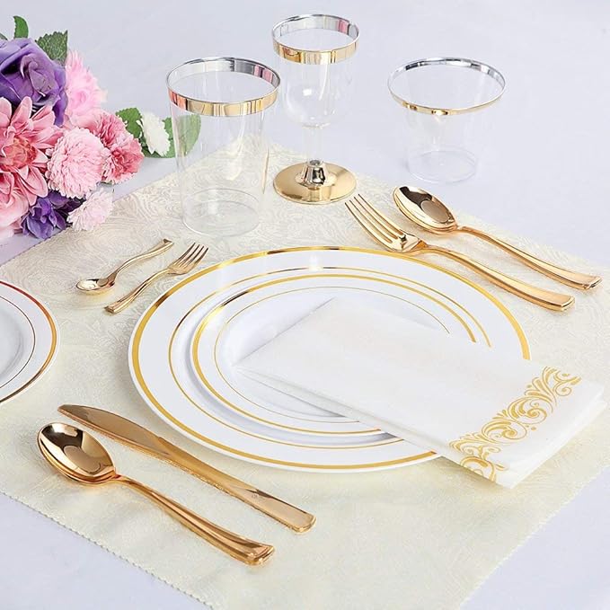 WDF 200 Pack Gold Plastic Cups - 9 Oz Elegant Clear Plastic Cups Gold Rimmed - Fancy Disposable Party Cup Wedding Cup Drinking Tumblers Cocktail Glasses