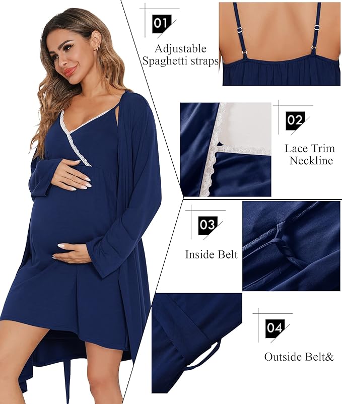 SWOMOG Womens Maternity Robe 2 Piece Nursing Nightgown for Breastfeeding 3 in 1 Labor Delivery Nursing Dress Lace Bathrobe