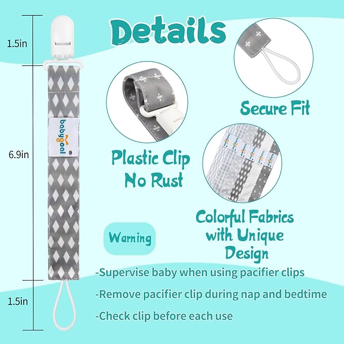 Babygoal Neutral Grey Pacifier Clips, 6 Pack Binky Paci Holder Clip and Leash for Babies Boys and Girls Fits for Most Pacifier, Binkie Styles & Baby Teethers & Toys and Gift 6PS09