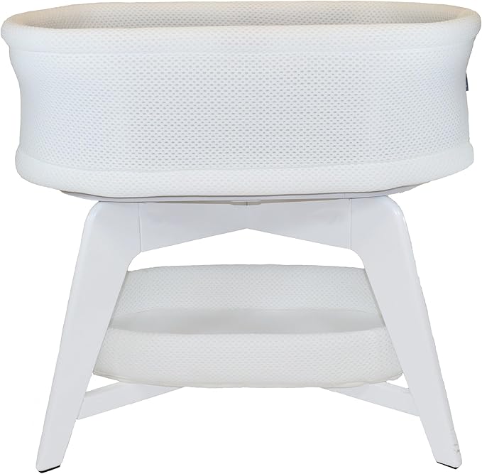 Evi Smart Baby Bassinet Beside Sleeper with Auto-Glide, Ambient Nightlight & Sensory Sounds, Compatible with Alexa and Google Home, Includes 2 Sheets (White W/White Legs)