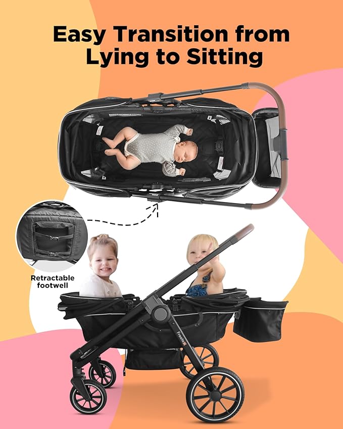 Tandem Wagon Stroller – All-Terrain 2-in-1 Push & Pull Design, Double Seat, Large Storage, Adjustable Canopy, Removable Child Tray for Kids Outdoor Adventures & Family Outings