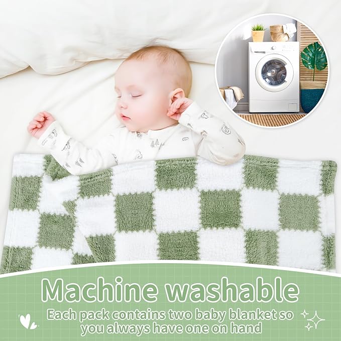 Checkered Baby Blanket for Boys Girls, 2 Pack Soft Baby Boy Girl Blankets, Small 28 x 40 inches Toddler Fleece Blanket, Essentials Crib Stroller Items, Newborn Gift (Green)