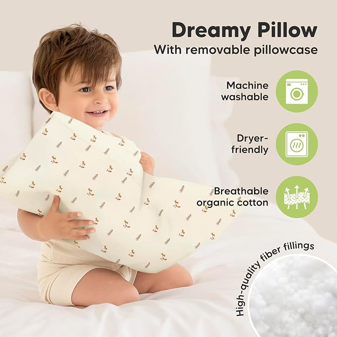 Toddler Pillow with Pillowcase - 13x18 My Little Dreamy Kids Travel Bed Pillows for Sleeping, Organic Cotton Small Pillowcase, Soft & Breathable, Machine Washable, Toddlers 2-5 Years Old (Fox Tales)