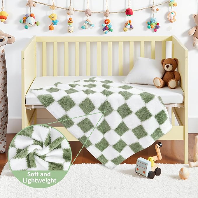 Checkered Baby Blanket for Boys Girls, 2 Pack Soft Baby Boy Girl Blankets, Small 28 x 40 inches Toddler Fleece Blanket, Essentials Crib Stroller Items, Newborn Gift (Green)