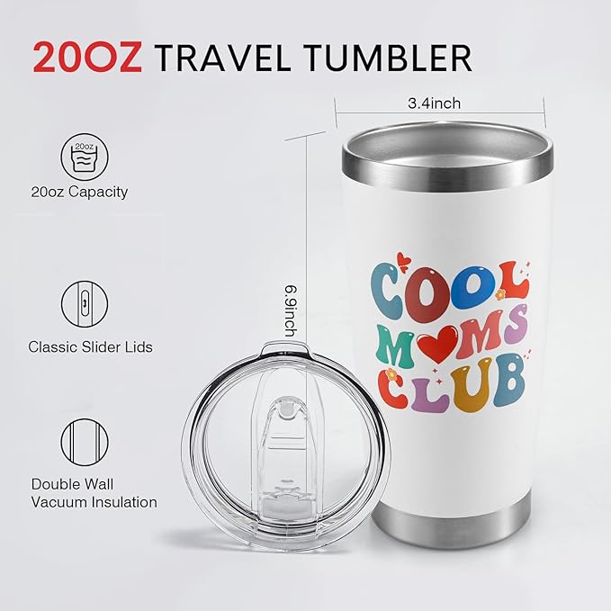NOWWISH Mothers Day Gifts for Mom from Daughter Son - Cool Moms Club Tumbler - Funny Birthday Gifts for Women Mom Wife and Grandma (20 oz Tumbler, White)
