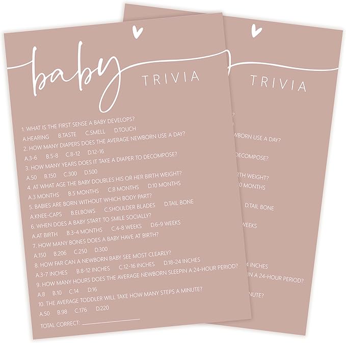 Baby Shower Games - Pink Baby Trivia Game Cards + 1 Answer Card, 30 Sets Gender Reveal Party Decorations - F05