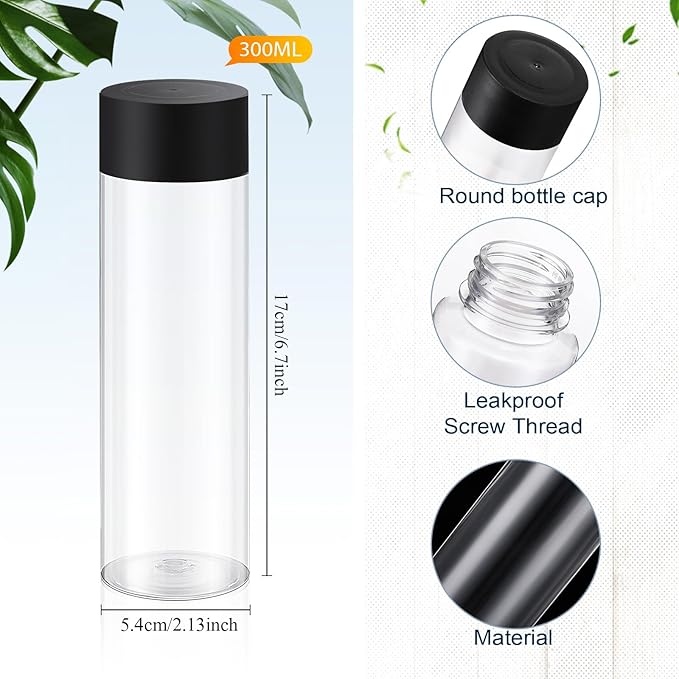 Tanlade 24 Pcs Clear Plastic Bottles Empty Sensory Bottles with Caps PET Plastic Juice Reusable Leakproof Drink Container Bulk for Juice Milk(10 Oz/ 300 ml,Black Lid)