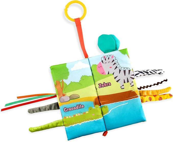 Minimono Jungle Tails Baby Activity Book, 3D Touch and Feel Crinkle Cloth Books, Montessori Activity Book for Fine Motor Skills