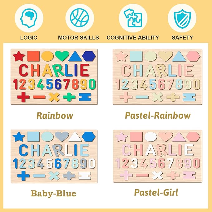 Personalized Name Puzzle for Kids, Custom Wooden Name Puzzle for Toddlers 1-3, Personalized Baby 1st Easter Gifts for Kids, Alphabet Puzzle Engraved Text On Back with Pegs, Toddlers Toys