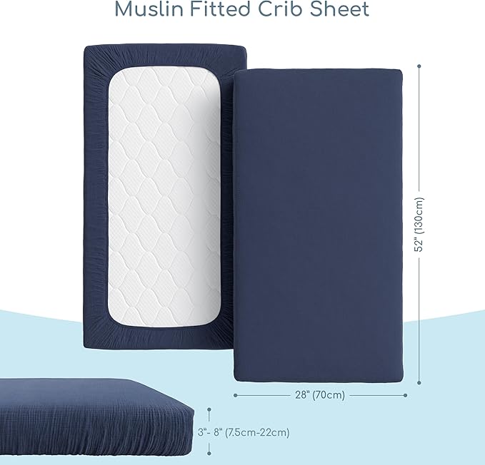 Muslin Crib Sheets, 100% Organic Cotton, Breathable and Ultra-Soft, Standard Crib Sheet Mattress (28"x 52") for Girls and Boys, Neutral Fitted Baby Crib Sheet (Navy)