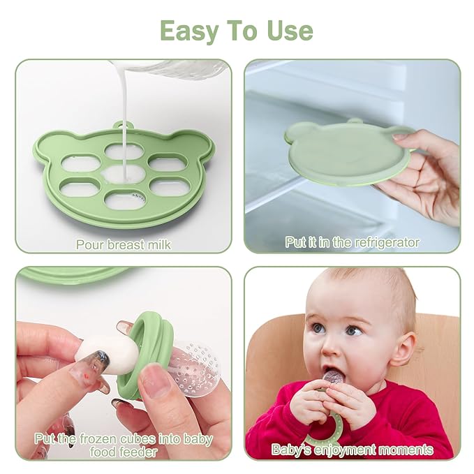 4 Pack Silicone Teething Mitten for Babies with Baby Fruit Food Feeder & Freezer Tray Set, BPA Free Infant Teething Relief Toy for 3 Month+, Additional Silicone Sacs