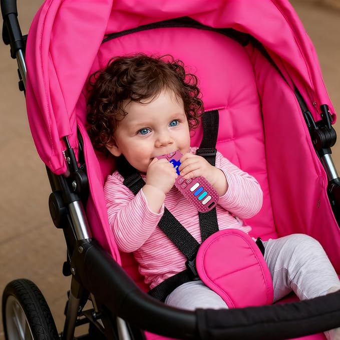 Baby Teether Toy,TV Remote Control Shape Teething Relief Chew Toy for Infants 3-24 Months, BPA Free, Pink