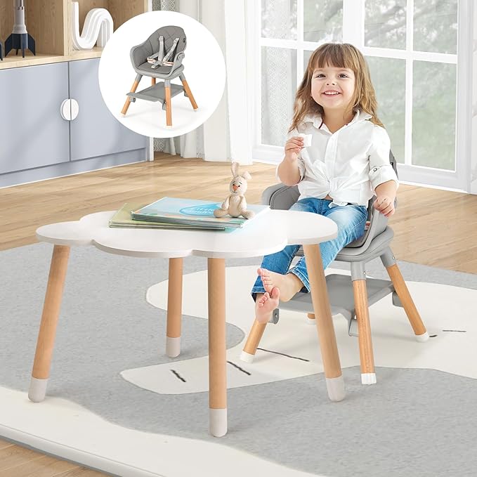HONEY JOY Baby High Chair, 6 in 1 Convertible Wooden Highchair for Babies and Toddlers/Chair/Bar Stool, Removable Double Tray & Reversible Footrest, Safety Harness for Infant Boys Girls (Dark Gray)