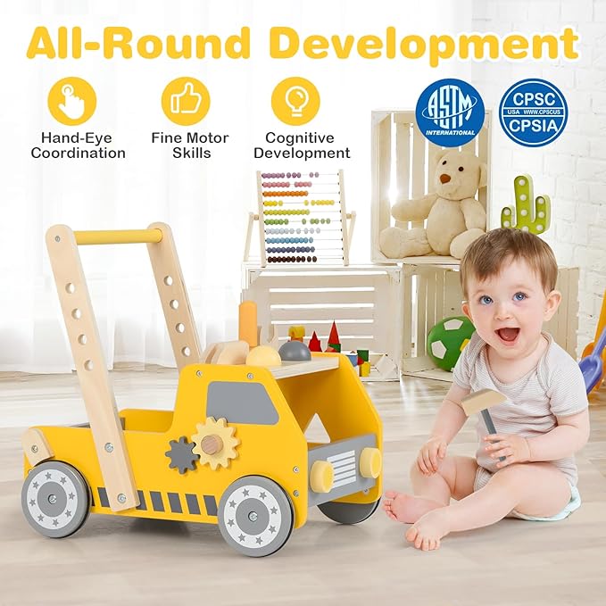 HONEY JOY Baby Push Walker, Adjustable Speed Baby Walker, Wooden Toy Tool Bench & Car Walker w/Shape Sorter, Develop Motor Skills & Creativity, Push Toys for Babies Learning to Walk, Gift, Yellow