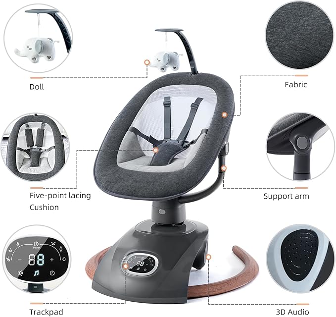 Electric Baby Swing for Infants with Remote Control, Rocker with 6 motions, 5 Speeds, 13 Music Include White Noise, 5 Point Harness, 3 Seat Positions for Newborn Boy Girl Max 20 Lbs