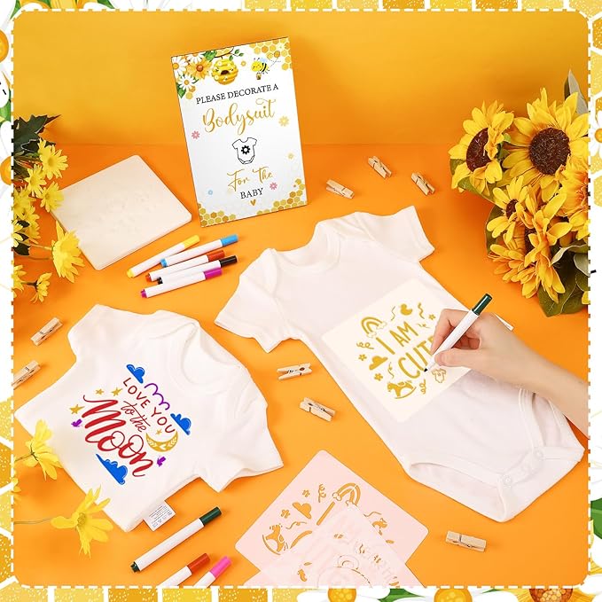 Panitay 126 Pcs Baby Shower DIY Bodysuit Set Rustic Kraft Baby Shower Game Sign DIY Bib 25 Blank White Newborn Bodysuit 25 Stencils 24 Marker 1 Sign 50 Pins for Gender Reveal(Bee)