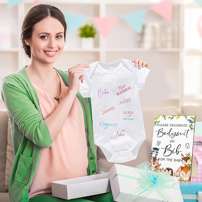 Roowest 35 Pcs Baby Shower Bibs Games Design Wooden Baby Shower Party Game Sign DIY Bodysuit Sign 15 White Blank Feeder Bibs 9 Newborn Bodysuit 10 Markers for Boys Girls (Animal)