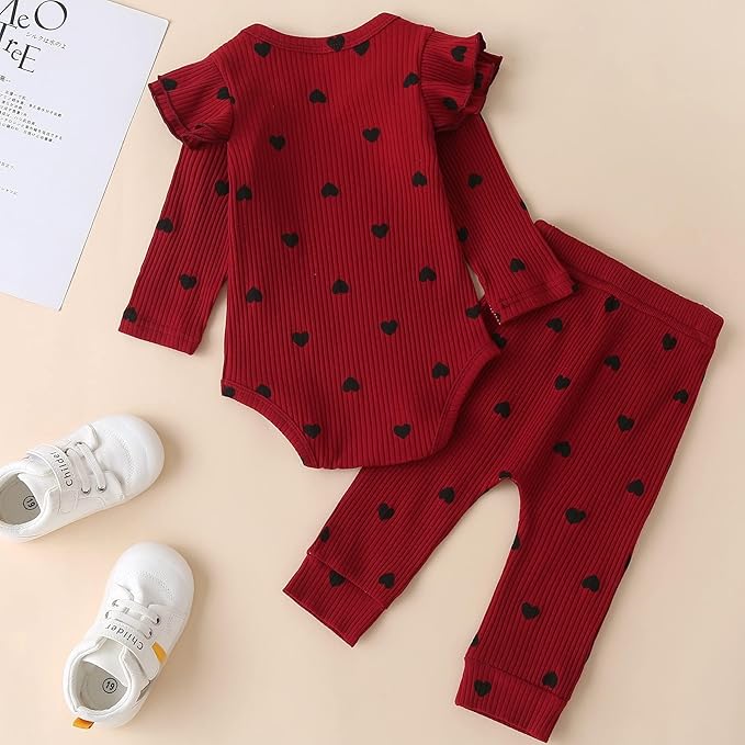 Fullfamous Baby Girl's 3pc Rib Frill Long Sleeve Romper and Pant Set