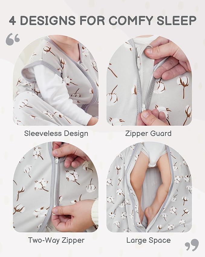 Baby Sleep Sack 12-18 Months, 100% Organic Cotton Wearable Blanket for Babies, 2-Way Zipper TOG 0.5 Lightweight Breathable Baby Sleeping Bag, 4 Sizes-L Cotton&Fawn&Grey