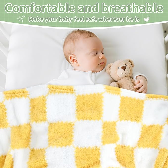 Checkered Baby Blanket for Boys Girls, 2 Pack Soft Baby Boy Girl Blankets, Small 28 x 40 inches Toddler Fleece Blanket, Essentials Crib Stroller Items, Newborn Gift (Yellow)