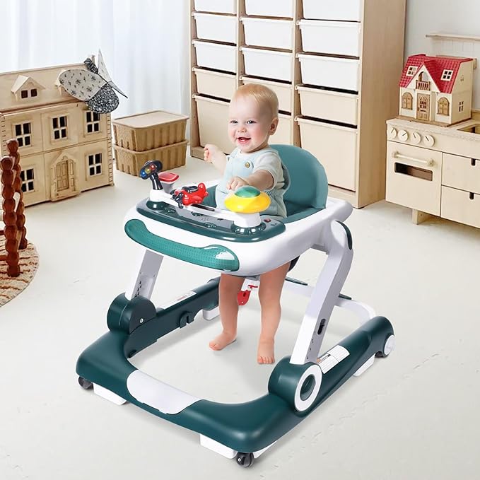 Kinder King Baby Walker with Music & Lights, 5 in 1 Baby Bouncer Activity Walker, Adjustable Height & Seat, Learning-Seated & Toddler Walk-Behind, Safety Bumper, Infant Walker Anti-Rollover, Green